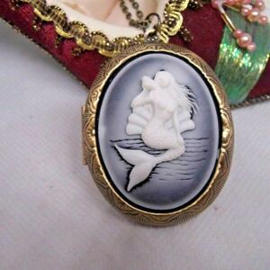 Black Frosted Mermaid Sea Locket Cameo Necklace